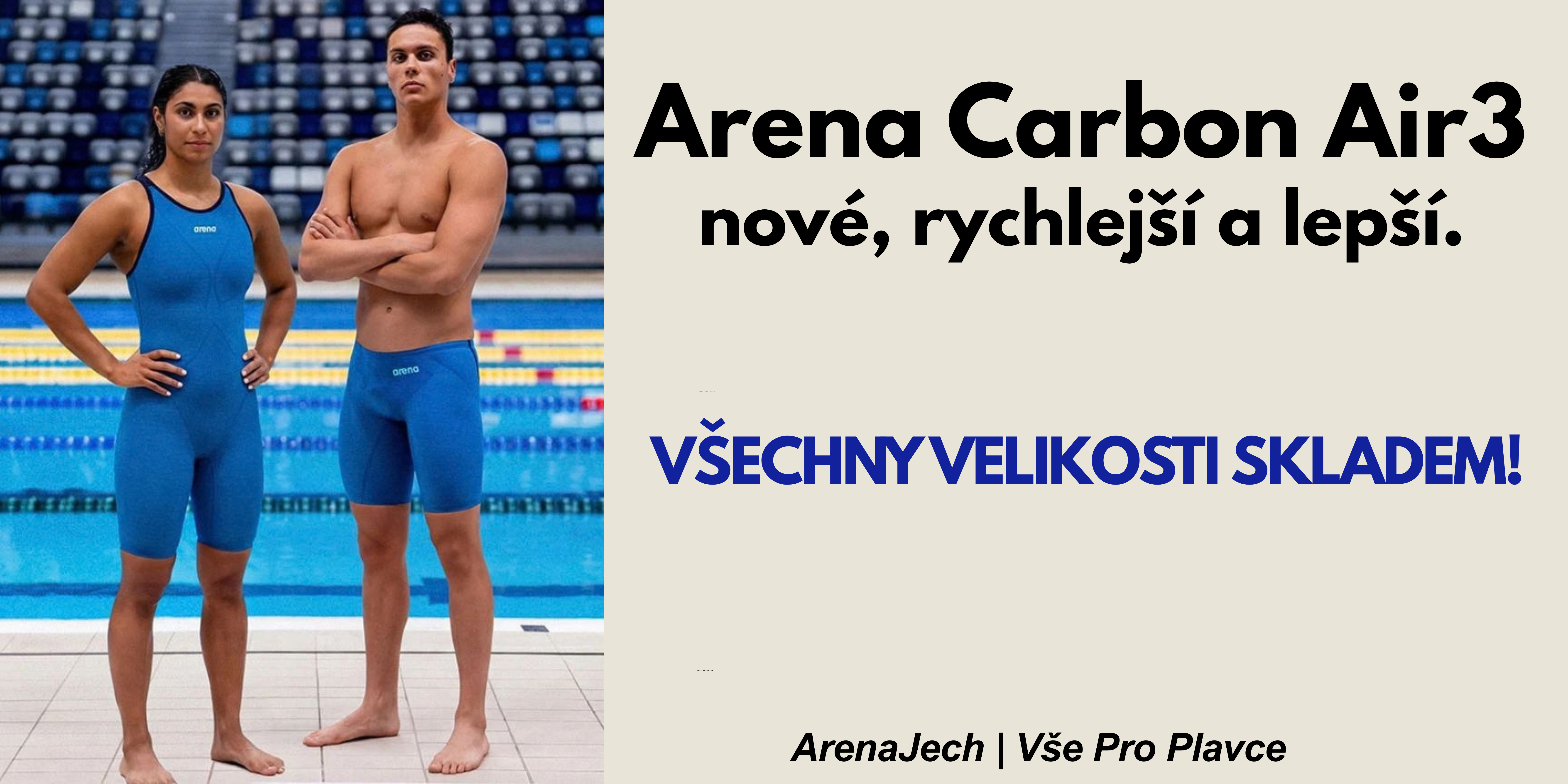 Banner upozorňující na nové závodní plavky arena